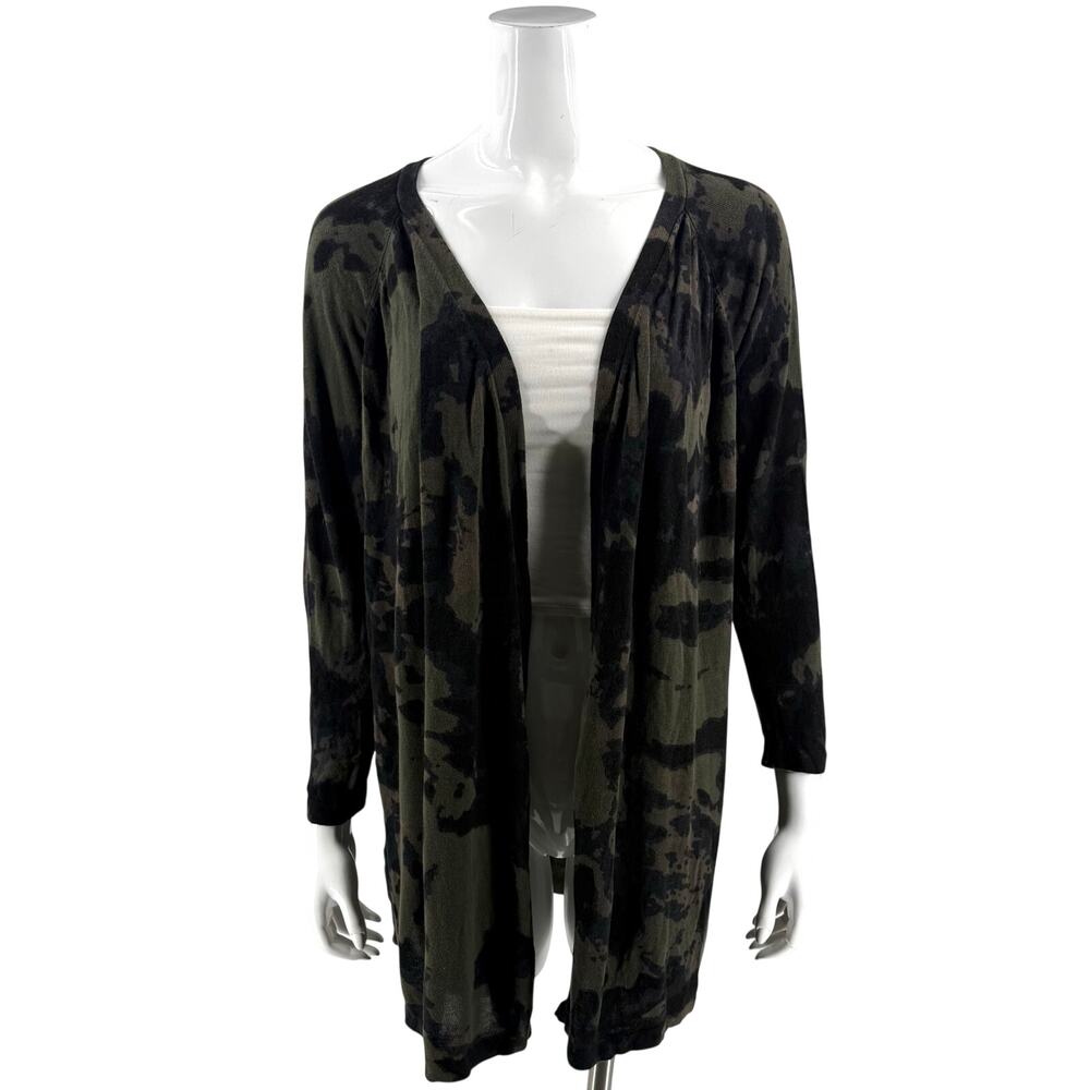 Peyton Jensen Sweater Size Large Green Camouflage Open Front Cardigan Duster